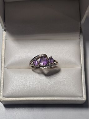 Sterling Silver Amethyst Three-Stone Ring - Size 6¾